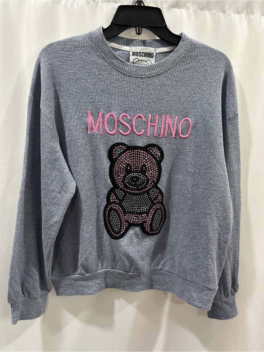 Moschino Light Gray/blue waffle Knit shirt with pink rhinestone bear